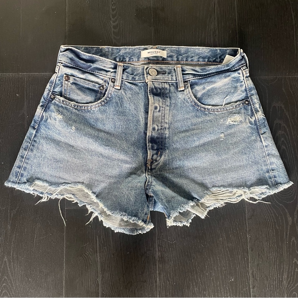 Moussy Distressed Light Blue Jean Shorts